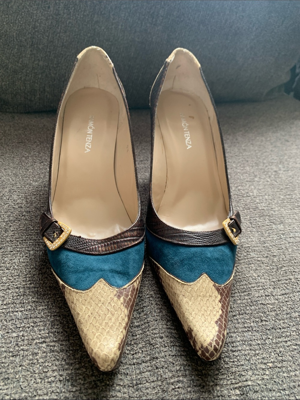 Ramon Tenza Teal, Brown & Gold Pointed Toe Pumps with Buckle